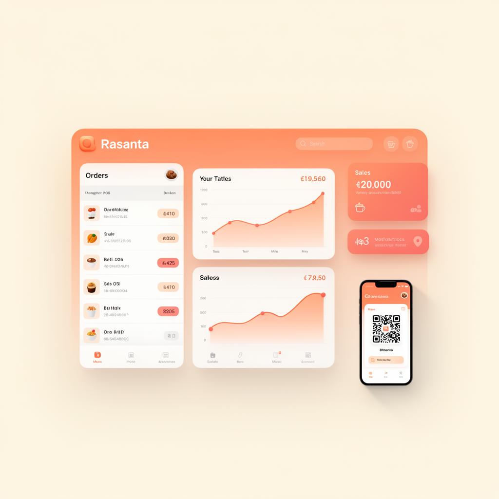Tampilan dashboard Rasanta menampilkan order, grafik penjualan dan menu QR