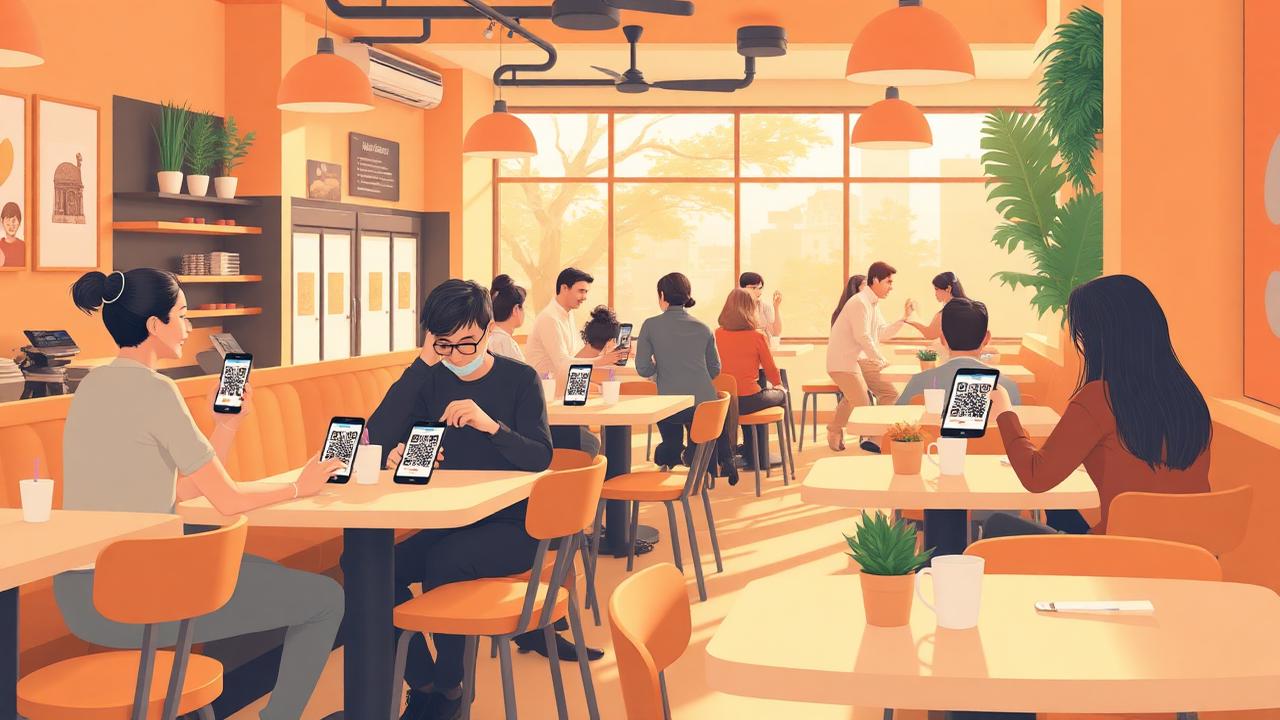 Pelanggan cafe sedang scan QR code di meja
